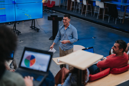 Presenter giving a business presentation to a small team during a modern office training workshop
