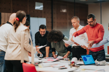 Business team collaborating on project plans around a table in a modern office meeting