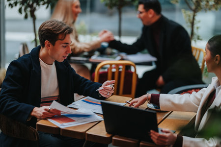 Young professionals having a business meeting in a cafe with laptop and documents