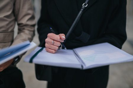 Business professional taking notes in a spiral notebook during an outdoor meeting or planning session