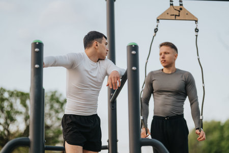 Two young men taking a break while training on outdoor fitness equipment in a park