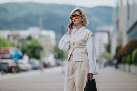 Businesswoman talking on phone in stylish beige suit walking in an urban street
