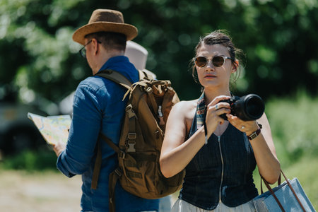 Tourists exploring outdoors with camera and map while backpacking and sightseeing in summer