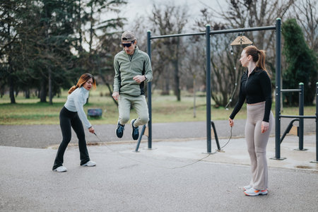 Three friends doing jump rope exercise together at an outdoor park fitness area