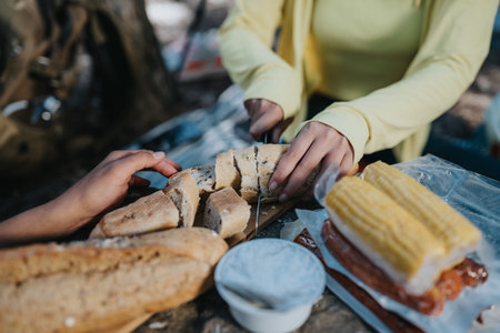Hands slicing fresh bread at an outdoor picnic with corn and cold cuts on a table