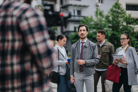 Business team of professionals standing outside while being filmed for a corporate interview