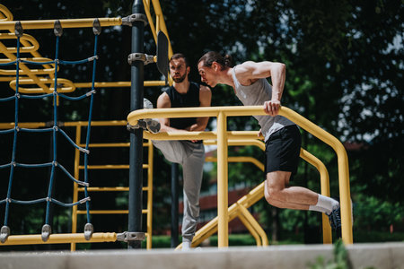 Two men doing calisthenics workout on yellow outdoor gym bars in a park