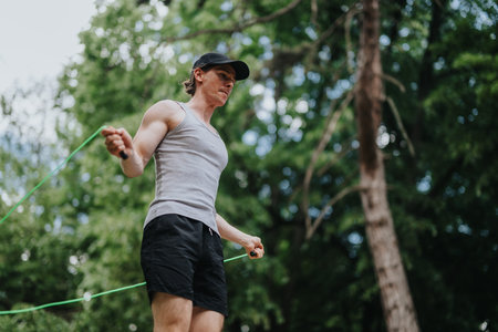 Young man jumping rope outdoors in a park during a focused summer fitness workout