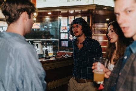 Friends having a tense conversation at a bar while holding beers and standing at the counter