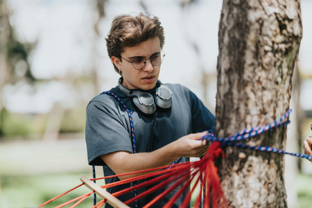Young man tying a hammock to a tree in a park wearing headphones and glasses