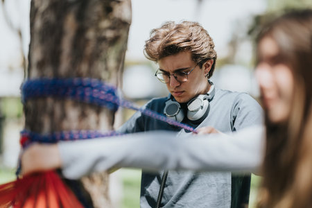 Young man tying a hammock rope in the park with headphones and glasses
