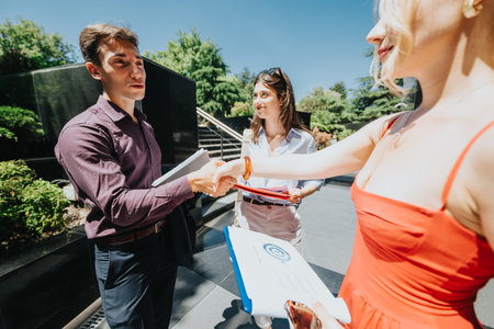 Business colleagues shaking hands outdoors after a meeting while a coworker looks on with documents