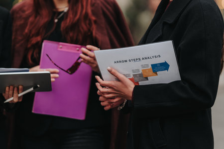 Businesswomen holding documents and tablet while discussing arrow steps analysis outdoors during meeting