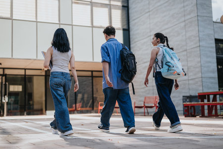Three students walking on campus courtyard with backpacks and casual clothing
