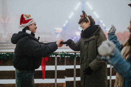 Two friends exchanging a glove at a festive outdoor winter market during Christmas celebration