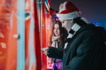 Friends enjoying a holiday arcade game together wearing Santa hat and reindeer headband