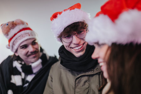 Young friends wearing Santa hats smiling and laughing together at a casual holiday gathering