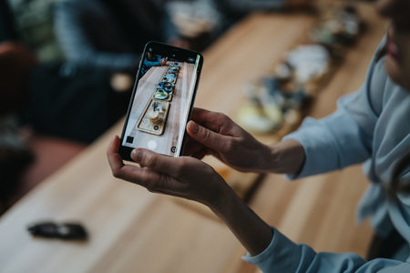 Business professional photographing a row of drinks and desserts on a wooden cafe table with smartphone