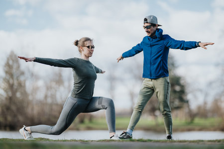 Two girls practicing outdoor fitness lunges with a trainer assisting and balancing by a lake