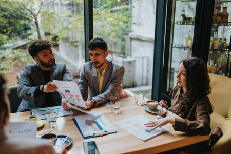 Business colleagues reviewing documents and discussing strategy during a casual meeting at a cafe