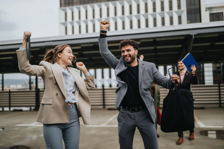 Business colleagues celebrating success on a rooftop after a meeting with joyful team members
