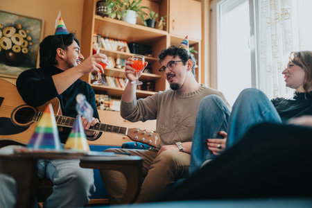 Friends at a home party toasting with drinks while a friend plays guitar and laughs