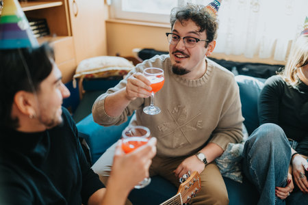 Friends at home toasting cocktails on a sofa during a relaxed birthday celebration
