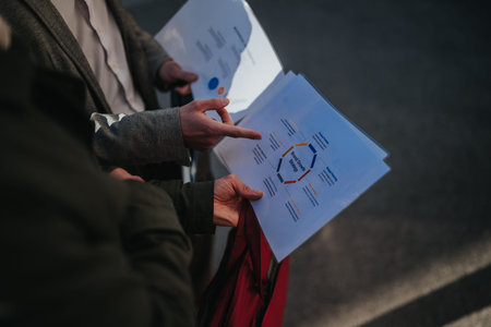 Two colleagues reviewing printed business strategy charts outdoors while discussing project details and data