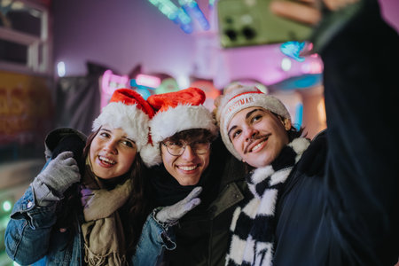 Friends wearing Santa hats take a joyful selfie at a festive night market with colorful lights