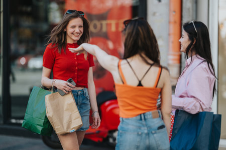 Three young women smiling and greeting each other on a city street after shopping