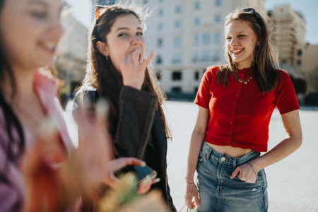Three friends laughing outdoors on a sunny city street while shopping and enjoying time together