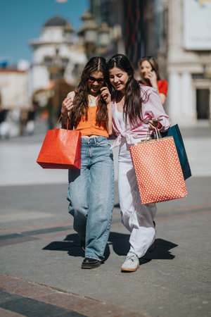 Two friends walking and shopping together in the city carrying colorful shopping bags and smiling