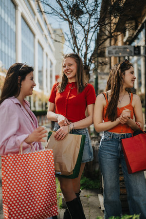Three friends shopping and laughing together on a sunny city street with colorful bags