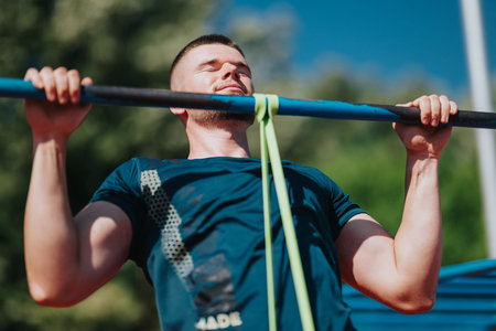 Young man doing outdoor pull-ups with resistance band training upper body strength and fitness