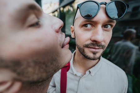 Playful friends teasing each other with a goofy lick in a close-up city portrait