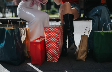 Friends with shopping bags sitting on a bench after a day of city shopping and fashion finds