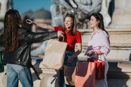 Friends shopping and laughing together in a sunny city plaza with shopping bags