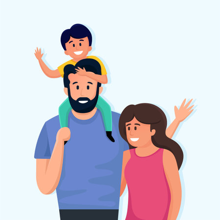 Happy young family. Father, mother and son. with a father carrying his son. flat design styleのイラスト素材