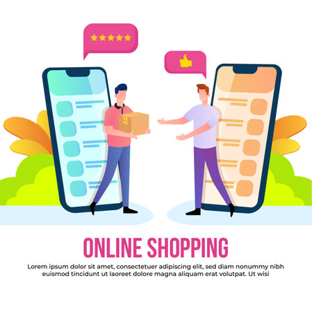 Flat design with shopping and delivery online theme, with characters in mobile phones, illustration isolated on a white backgroundのイラスト素材