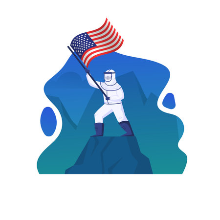 The illustration shows a medic wearing a hazmat suit and waving the American flag.のイラスト素材