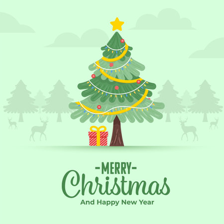 Merry Christmas and Happy New Year greeting. Christmas tree ornaments as a background. flat design illustrationのイラスト素材