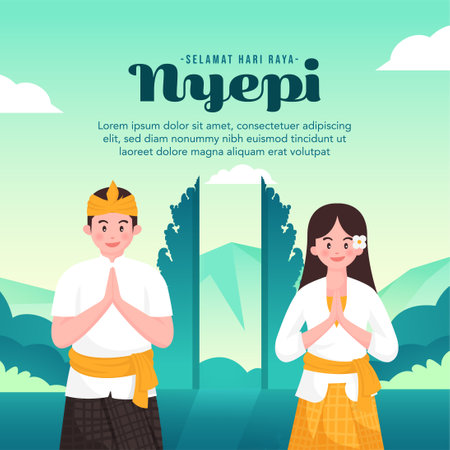 Greeting Bali Day of Silence or Hari Raya Nyepi with Balinese people wear traditional clothes. Greeting happy nyepi dayのイラスト素材