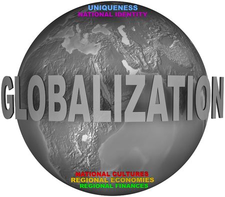 Gray globe with opposition of globalization and national and regional wordsの写真素材