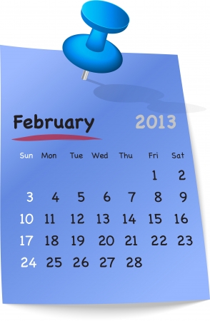 Calendar for february 2013 on blue sticky note attached with blue pinのイラスト素材