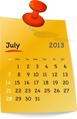 Calendar for july 2013 on orange sticky note attached with red pinのイラスト素材