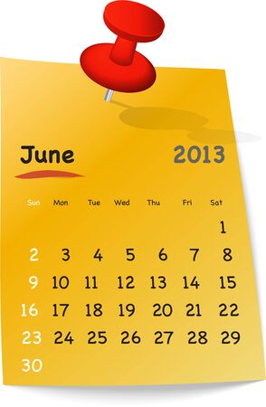 Calendar for june 2013 on orange sticky note attached with red pinのイラスト素材