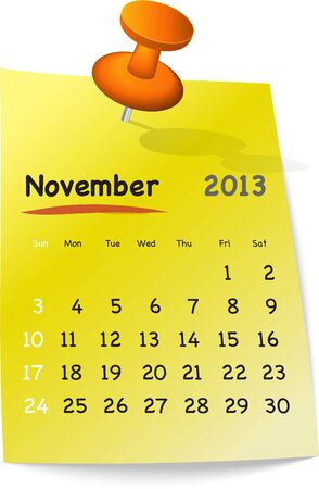 Calendar for november 2013 on yellow sticky note attached with orange pinのイラスト素材