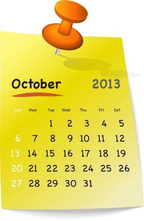 Calendar for october 2013 on yellow sticky note attached with orange pinのイラスト素材