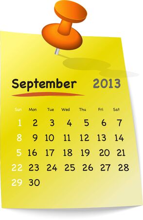 Calendar for september 2013 on yellow sticky note attached with orange pinのイラスト素材