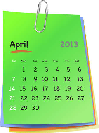 Calendar for april 2013 on colorful sticky notes attached with metallic clip. Sundays firstのイラスト素材